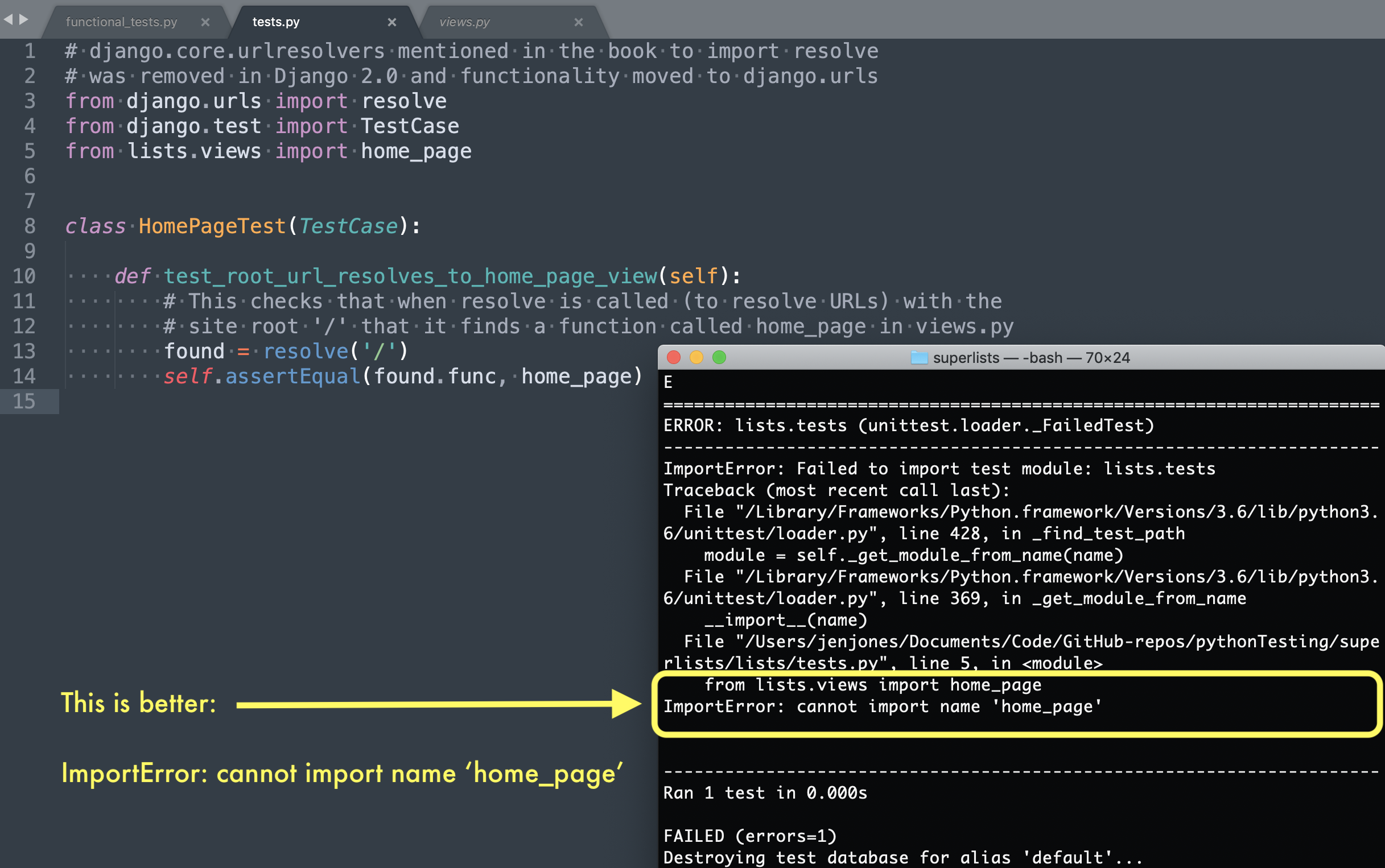 code and terminal output of the expected fail