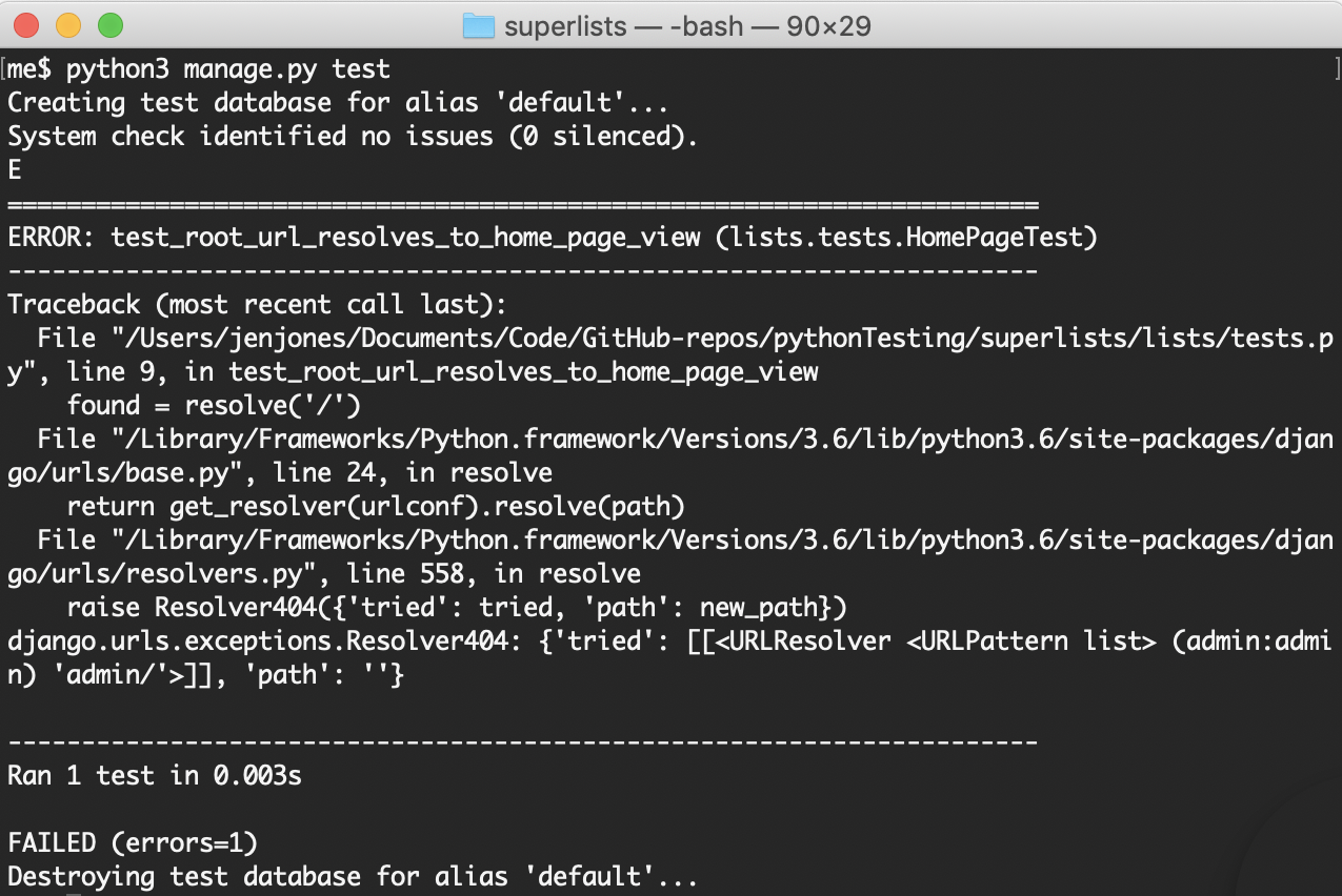 terminal output showing Django cannot find a URL mapping to '/'