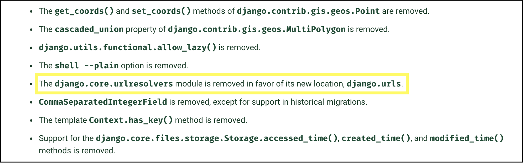 Django documentation showing that django.core.urlresolvers was removed in Django version 2.0