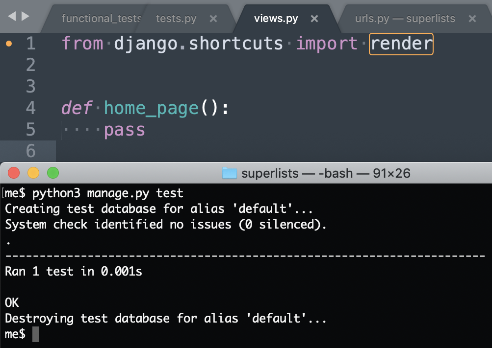 home page function in views.py along with passing test