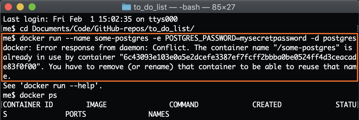 Code snippet of conflict container name error.