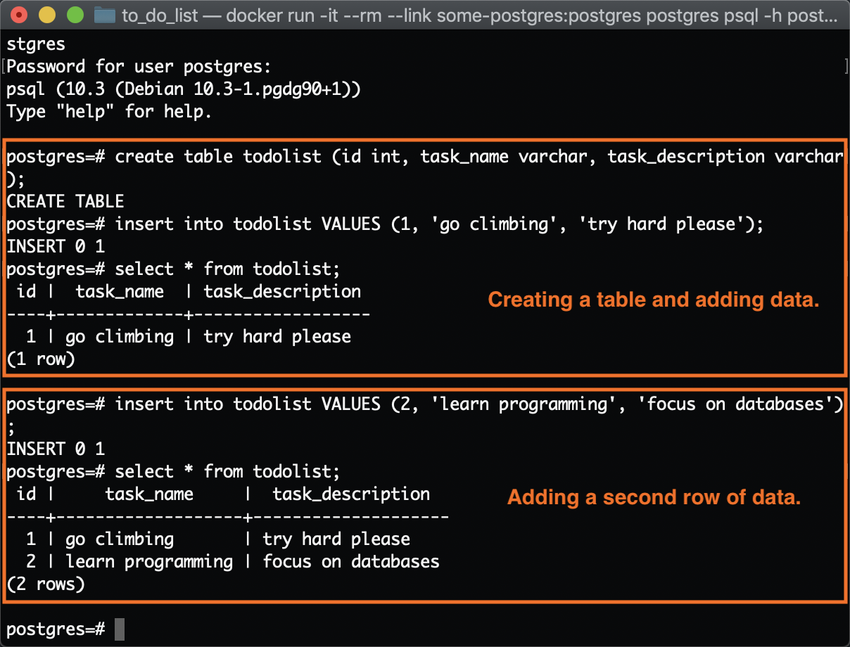 Code snippet creating a table and adding data.